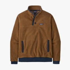 Patagonia Men's Shearling Fleece Button Pullover: Bear Brown W/New Navy