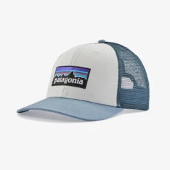 Patagonia P-6 Logo Trucker Hat: White W/Light Plume Grey