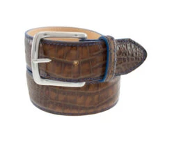 T.B. PhelpsTravis Croc Leather Belt - Briar Brown With Blue Edge