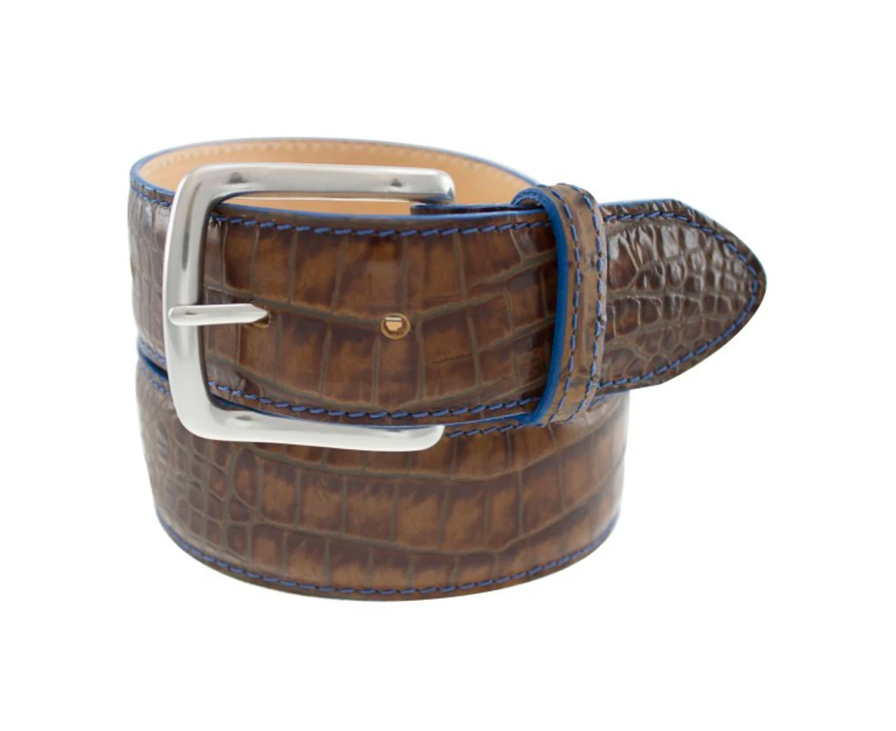 T.B. PhelpsTravis Croc Leather Belt - Briar Brown With Blue Edge 3 T.B. PhelpsTravis Croc Leather Belt - Briar Brown With Blue Edge