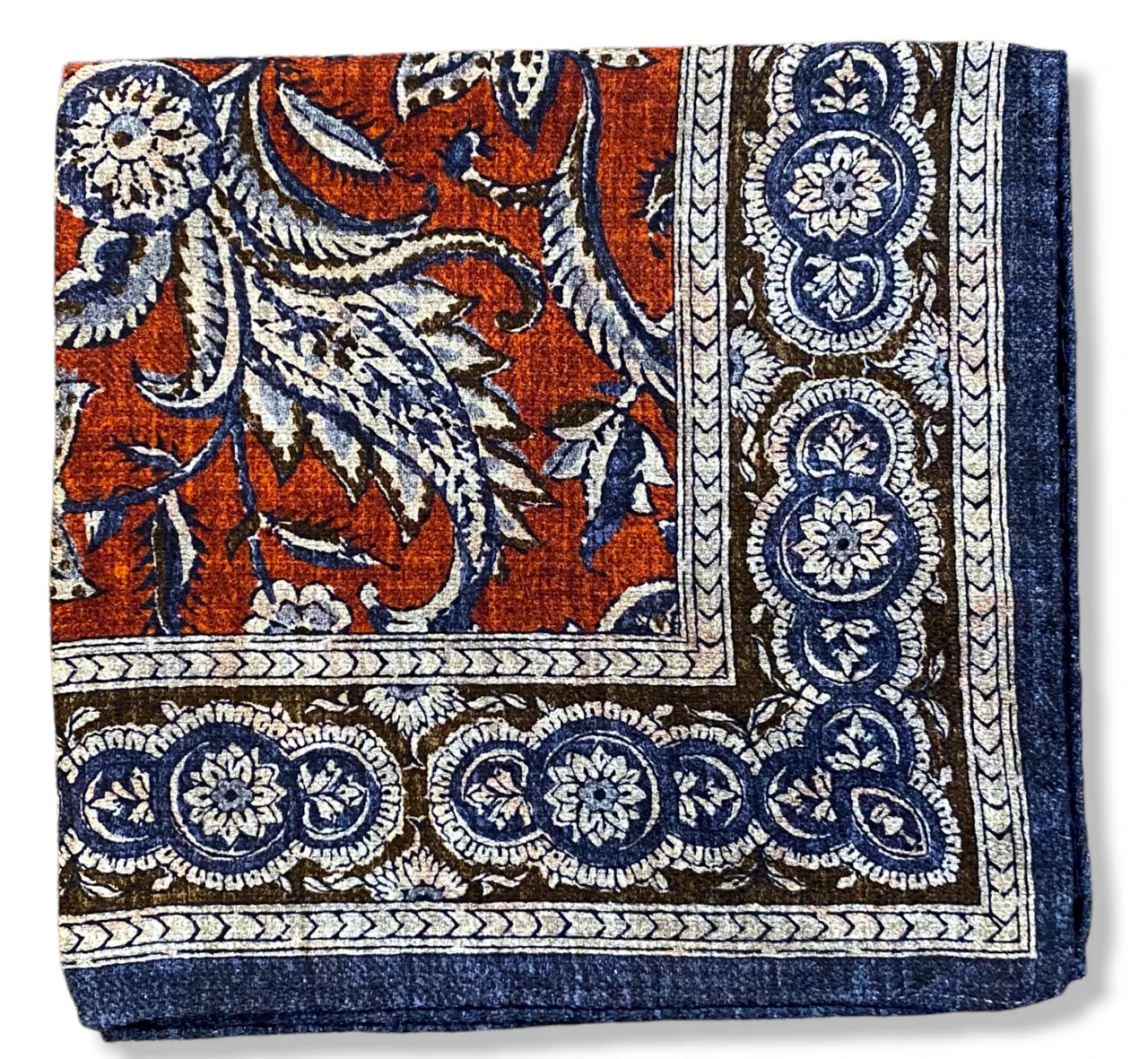 R Hanauer Reversible Paisley Medallion Pocket Square: Navy/Brown 4 R Hanauer Reversible Paisley Medallion Pocket Square: Navy/Brown - Image 2