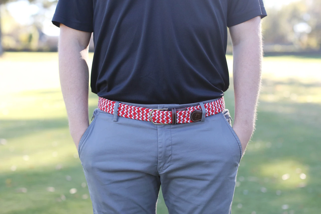 Roostas The Dublin Two Toned Woven Elastic Stretch Belt - Scarlet/Gray/White 4 Roostas The Dublin Two Toned Woven Elastic Stretch Belt - Scarlet/Gray/White - Image 2