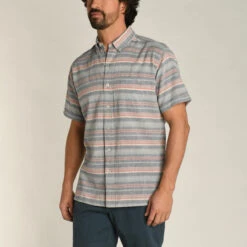 Duck Head Flint Stripe Oxford Short Sleeve Shirt: Vintage Blue -Fashion Clothing D1 1095 426 3 1800x1800 40921.1647885446