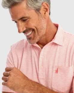 Johnnie-O Dante Striped Polo: Starfish -Fashion Clothing JMPO3050 DANTE MENS Polo STARFISH 23FA Detail MOD 5993 800x 16496.1673903008