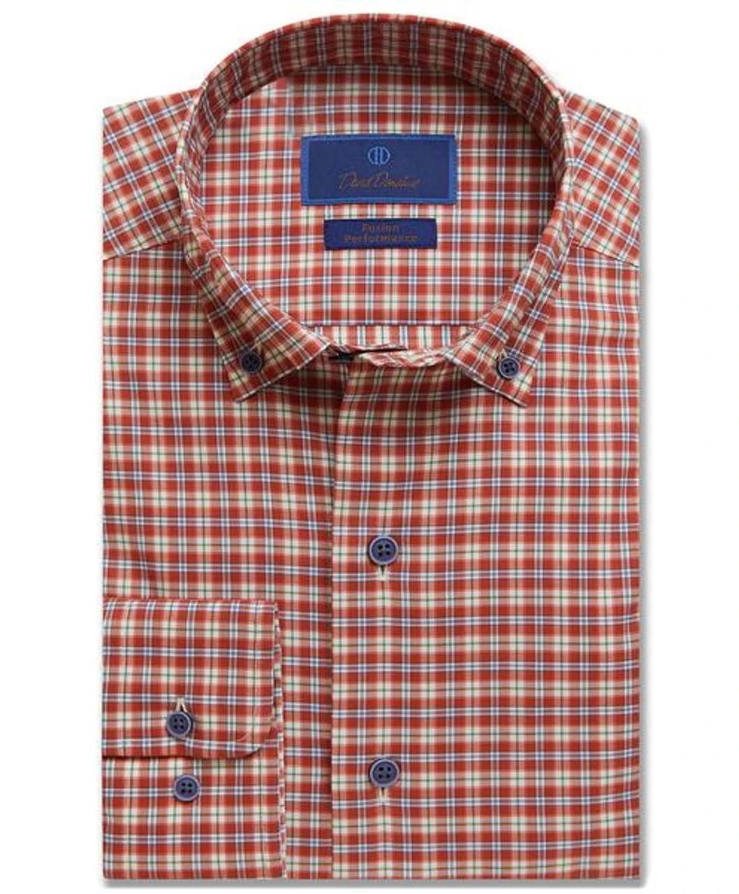 David Donahue Rust & Blue Plaid Performance Fusion Shirt 3 David Donahue Rust & Blue Plaid Performance Fusion Shirt