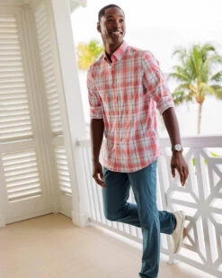 Southern Tide Ormond Plaid Intercoastal Performance Sport Shirt: Rouge Red -Fashion Clothing ormond plaid intercoastal performance sport shirt rouge red model front 8958 1024x1024 96530.1650037844