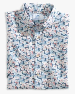 Southern Tide Welcome Aboard Short Sleeve Button Down Sport Shirt: Aged Denim -Fashion Clothing welcome aboard short sleeve button down sport shirt aged denim folded 10115 540x 72045.1683053547